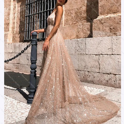 Sexy Deep-V Neck Backless Sequined Evening Dresses Fashion Spaghetti Straps High Slit A-Line Dress Formal Evening Party Robe