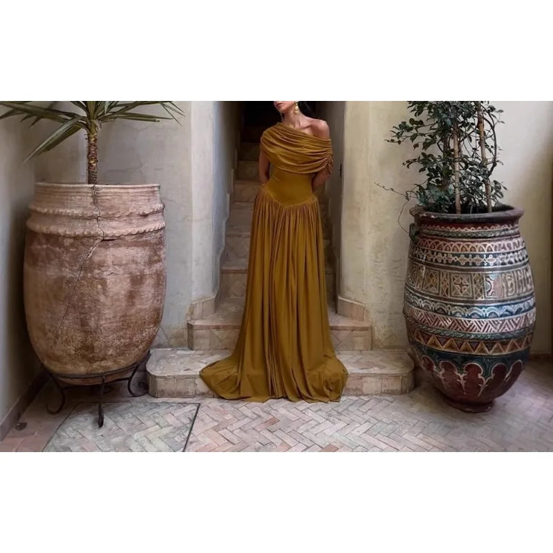 Retro One Shoulder Ruched Elegant Maxi Dress Women Sexy Half Sleeve Draped Party Dresses Lady Chic Holidays Evening Dress 2025