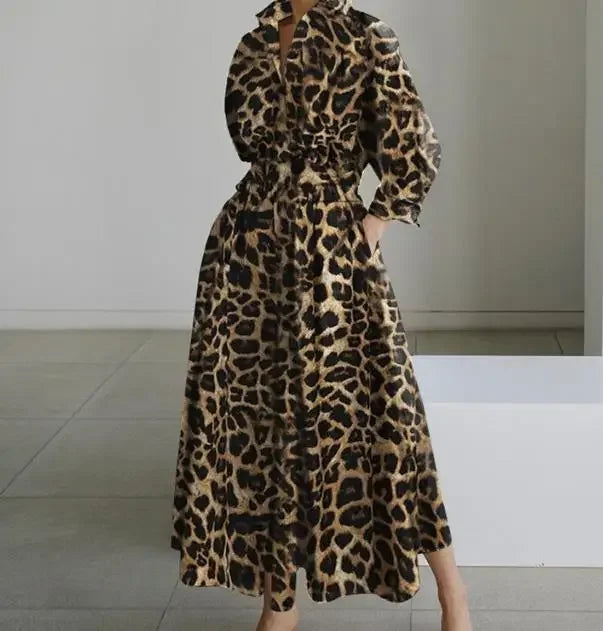 Temperament Summer Dresses for Women 2025 Fashion Leopard Print Long Sleeve Commuter Polo Large Swing long Elegant Dress Clothes