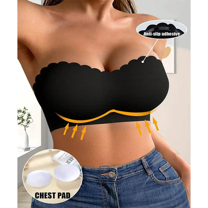 Women's Sexy Strapless Wavy Trim Bandeau Bra Seamless Backless With Side Clasp Ice Silk Top Women Anti-slip Off-shoulder Bra