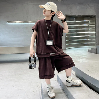 Boys' Summer Outfit Set 2025 New Style Children's Summer Short Sleeved Sportswear Vest Fashionable Boys' Thin Design