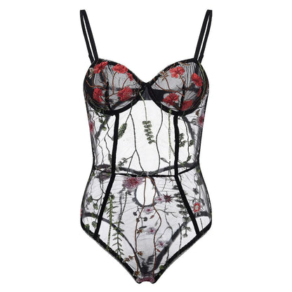 Bodysuit Women Temptation Embroidery Intimates Teddy Sexy Sheer Mesh Sleepwear Jumpsuit Seamless Underwear Sex Erotic Pajamas