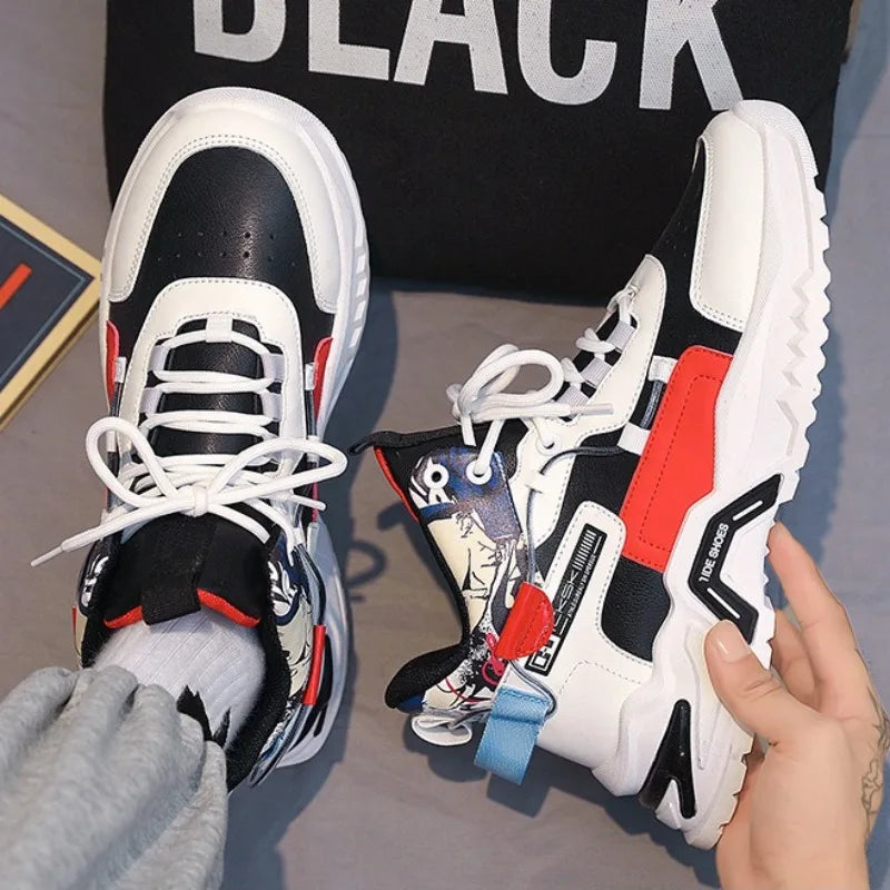 Spring Men Chunky Sneakers Trendy Fashion High-top Round Head Shoes Height Increase Color Block Casual Shoes zapatos de hombre