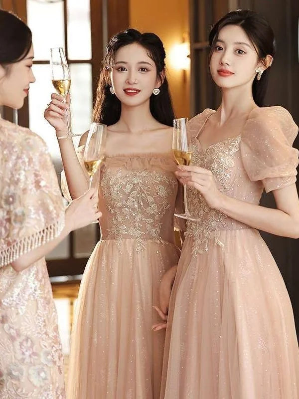 Pink Wedding Bridesmaid Dr Summer Fairy Small Senior ort Sve mid Waist Princ Sve Polyester Fiber Evening Gown