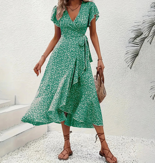 Women's Summer Flower Print Ruffle Dress Fashion Elegant Short Sleeve Wrap V Neck Tie Side Dresses