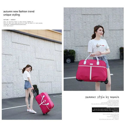 Large Capaci Travel Bag Women's Lightweight Pull Bag Portable ort Trip Hand Lage Bag with Wheels Faionable Ox Cloth