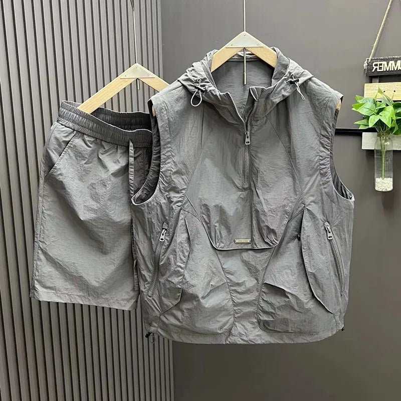 Men's Casual Lightweight Vest orts Two-Piece Set Summer Hat Faion Sun Protection Polyester Fiber Thin Sle Commuting