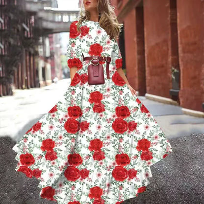Spring Summer Vintage Flower Floral Print Maxi Dress Office Lady Fashion Elegant Long Sleeve O-neck Dresses For Women 2024