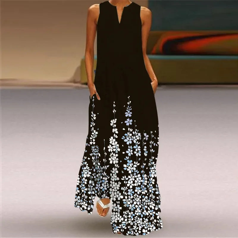 Summer Women's Artistic Retro Sleeveless V-neck Pullover Print Sexy Dress Long Skirt Women's Loose Waist Oversized Swing Skirt