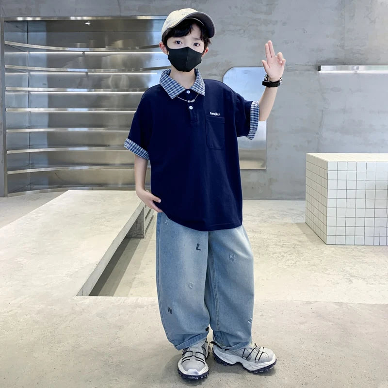 Boys Summer Clothing Set Children Short-Sleeve Polo Shirt Top+ Denim Pants Two-Piece Set 2025 New