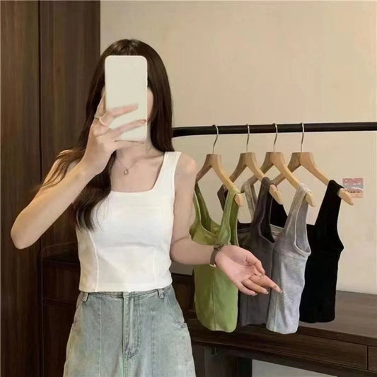 Simple Basic Skinny Vest Women Solid Color Square Neck Slim Crop Top Sleeveless Spicy Girl Style Camisole with Pads Girls