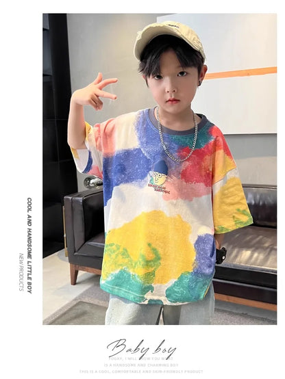 Summer Boys T-shirt High Quality Sweat Wicking Breathable Top Digital Spray Printed Children's Clothing High Street Kids Clothes