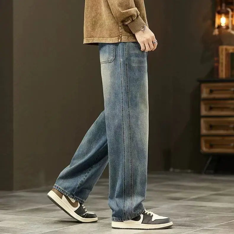 American Retro Waed Denim Jeans Men's Trendy High Street Loose Straight Leg Dra Wide Leg Pants Spring Autumn Casual Lon...