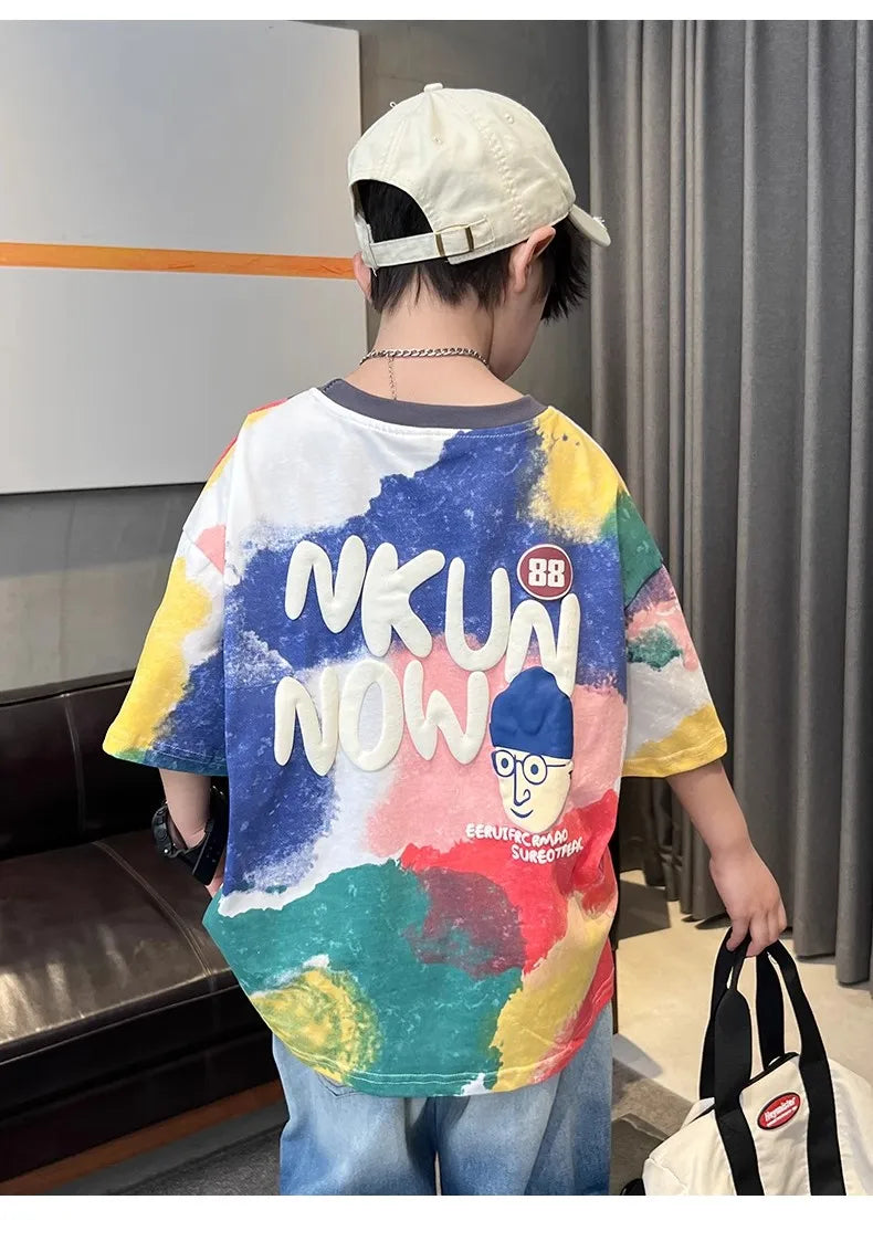Summer Boys T-shirt High Quality Sweat Wicking Breathable Top Digital Spray Printed Children's Clothing High Street Kids Clothes