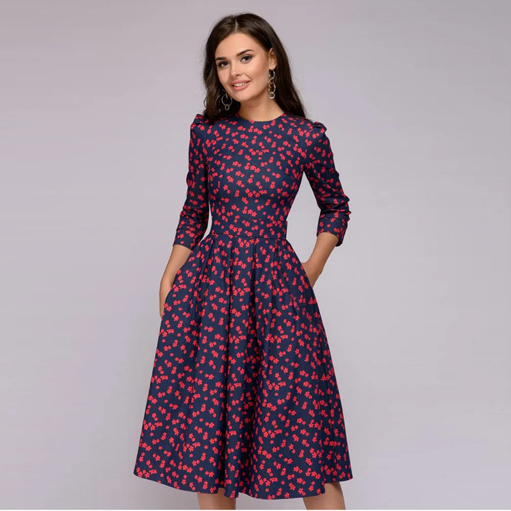 Retro Floral Print A- Line Dress Midi Length Three-Quarter Sleeve round Neck Party Dress Sweet Fresh Style Urban Fashion