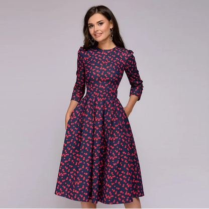 Retro Floral Print A- Line Dress Midi Length Three-Quarter Sleeve round Neck Party Dress Sweet Fresh Style Urban Fashion