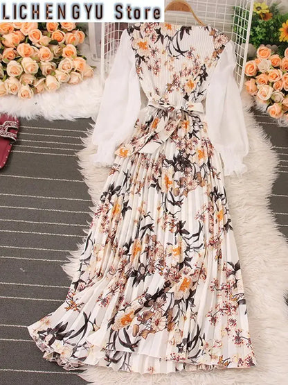 Sweet Style Long Dresse For Women Print Patchwork Pleated Long-sleeve High Waist Dresses Spring Summer New