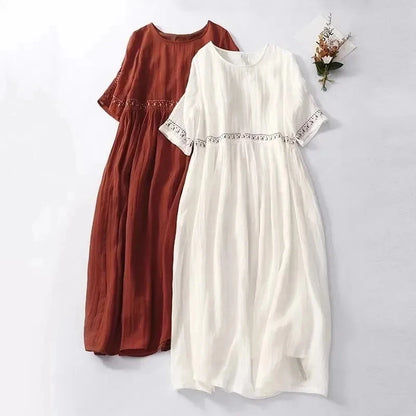 Summer New Women's Cotton and Linen Dress Ethnic Style Embroidery Temperament Round Neck Midi Skirt Loose and Casual White Dress