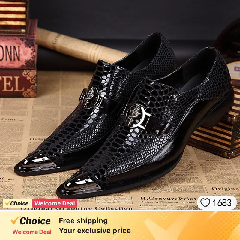 Italian men's dress shoes black metal rivet pointed men's leather business shoes, party shoes men's flat shoes