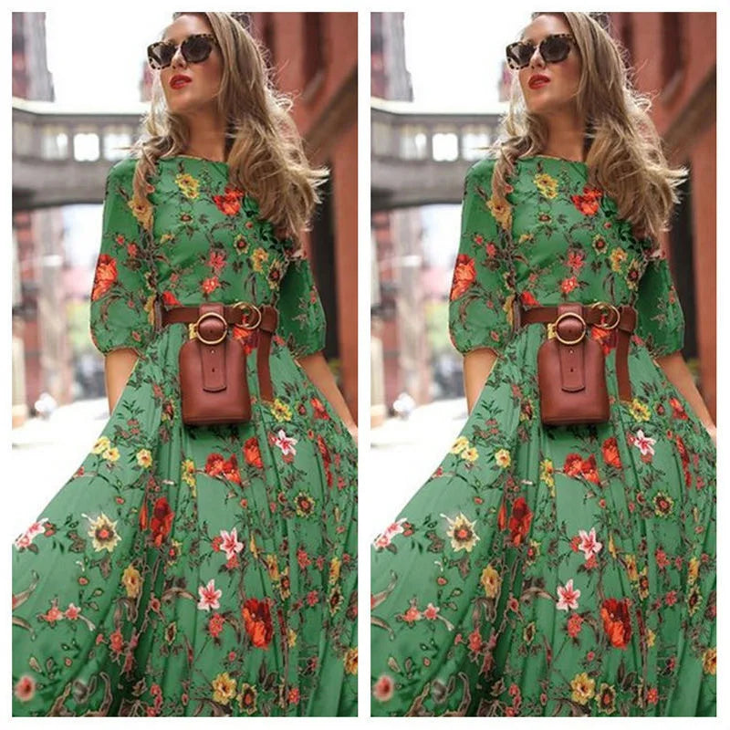 Spring Summer Vintage Flower Floral Print Maxi Dress Office Lady Fashion Elegant Long Sleeve O-neck Dresses For Women 2024