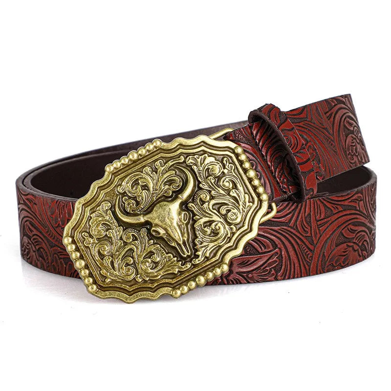 Western Cowboy Style Vintage Casual Belts - Ox Head Carved Buckle & Bohemian Print, Perfect For Daily Commute & Dating Outfits
