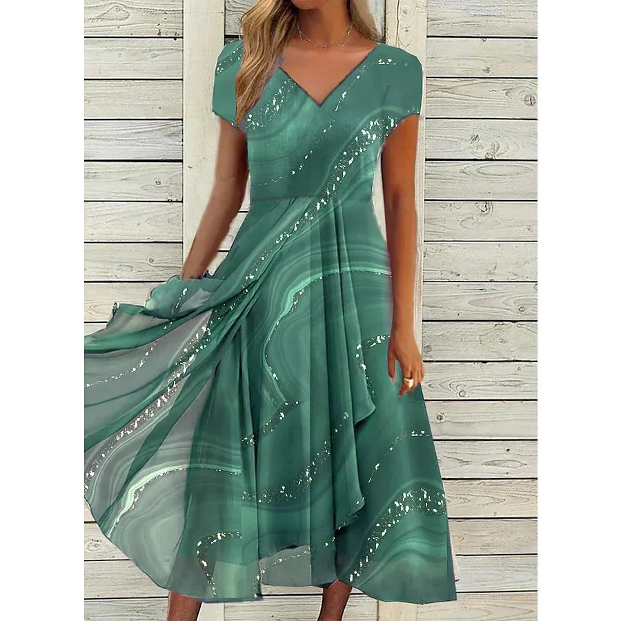 2025 Women's Dress Casual Fashion Office Patchwork Summer Midi V-Neck Women Swear Sweet Dresses For WomenClothes Vestidos