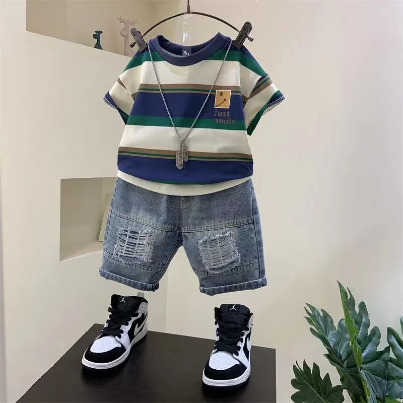 Boys Summer 2026 New Boutique Design Outfits Cotton Set Baby Boys Short Sleeve Shirt Jeans Shorts 2pcs Clothing Children 6 7 8Y