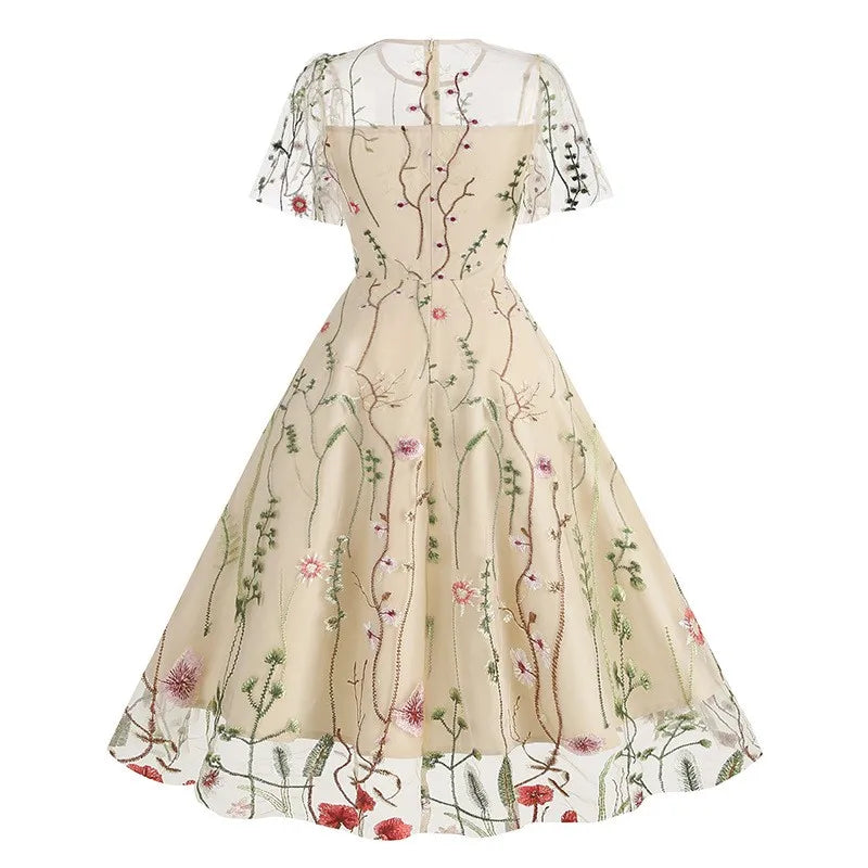 Women Fashion Embroidered Short Sleeve Mesh Dress Summer Bohemian Floral A-Line Flowy Dress Cocktail Party Dresses Vestidos