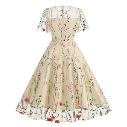Women Fashion Embroidered Short Sleeve Mesh Dress Summer Bohemian Floral A-Line Flowy Dress Cocktail Party Dresses Vestidos
