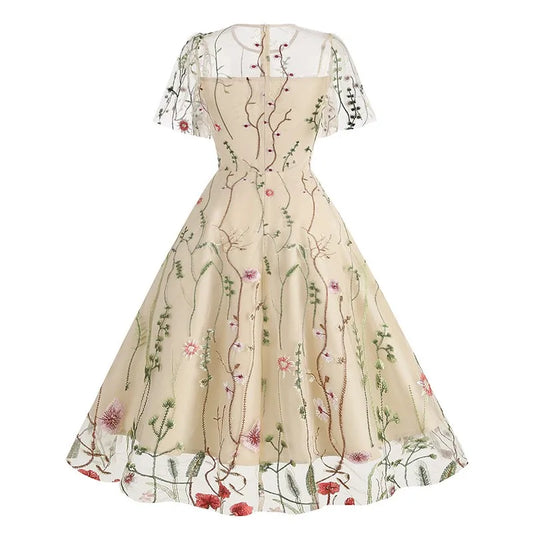 Women Fashion Embroidered Short Sleeve Mesh Dress Summer Bohemian Floral A-Line Flowy Dress Cocktail Party Dresses Vestidos