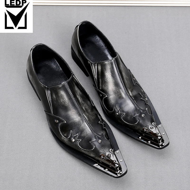 Iron Toe Shoes Men's Real Personality Custom Luxury Office Formal Wedding Original Design Retro Casual Leather Shoes