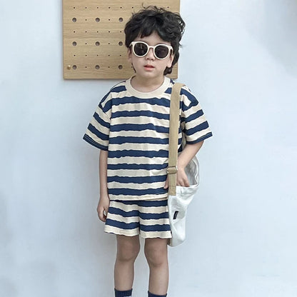 Summer New Sister And Brother Set Girls Striped Sleeveless Dress Fashion Boys Short Sleeve Two Piece Set