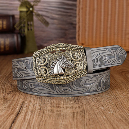 The hollowed-out lace horse-head large board buckle PU embossed belt is a trendy, fashionable and versatile belt