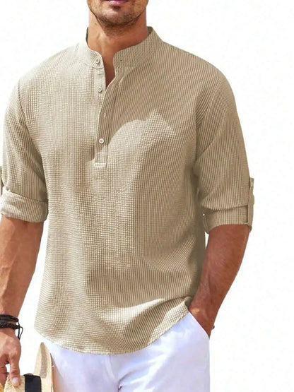 Men's Short Sleeve Henley Shirt, Striped Waffle Knit, Lightweight & Breathable for Summer Casual Wear