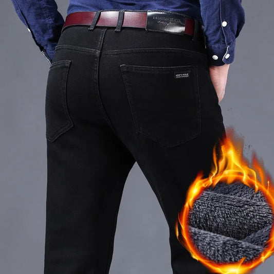 2025 New Business Casual Trousers Grey Fleece Men Clothes Black Blue Elasticity Warm Winter Jeans Velvet Jeans 28-40