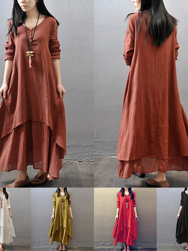 Loose Long Sve Cotton Linen Skirt Women's Artistic Sle Loose Fit Maxi Skirt Summer Casual V-ne A-line Dr