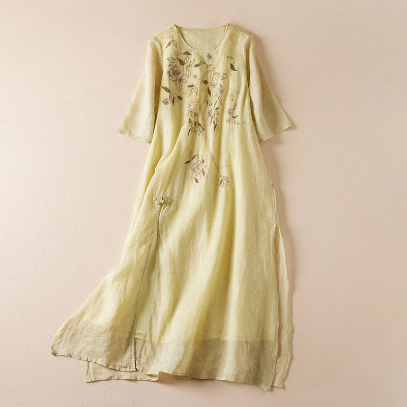 Summer New Hemp Dr Embroidered round Ne Five-Quarter Sve Fairy Beautiful Long Women's Dr New Chinese Sle