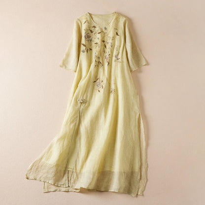 Summer New Hemp Dr Embroidered round Ne Five-Quarter Sve Fairy Beautiful Long Women's Dr New Chinese Sle