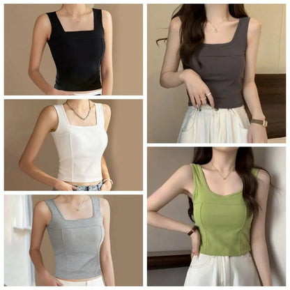 Simple Basic Skinny Vest Women Solid Color Square Neck Slim Crop Top Sleeveless Spicy Girl Style Camisole with Pads Girls