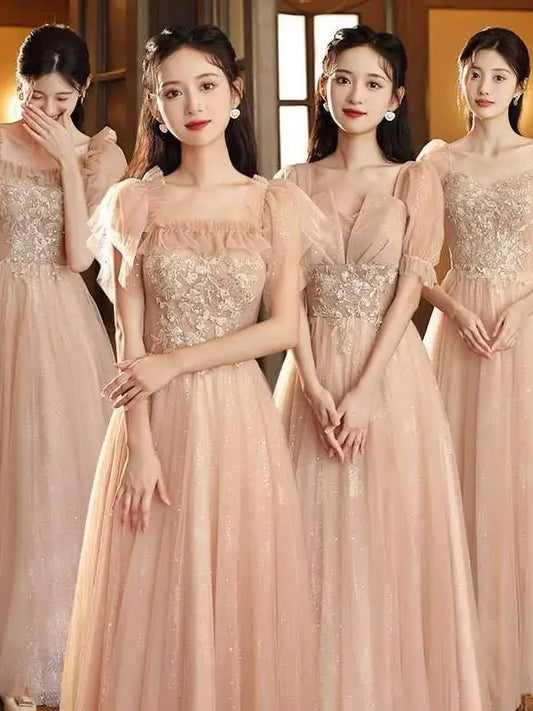 Pink Wedding Bridesmaid Dr Summer Fairy Small Senior ort Sve mid Waist Princ Sve Polyester Fiber Evening Gown
