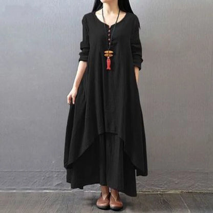 Women Elegant Linen Ginger Dresses Bohemia Layering Vintage Robe Long Sleeve Loose Long Dress Female Autumn Vestidos