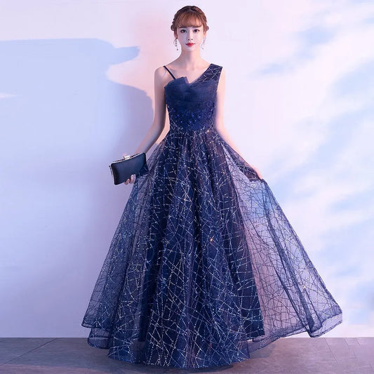 Ele Blue adient Starry  Evening Gown Women's Faion ow Host Ball Dr Autumn New Arrival Chinese Production
