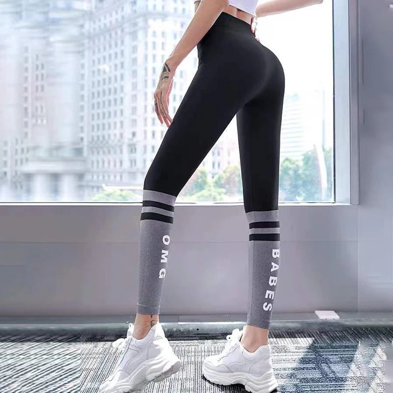 Letter High Waist Leggings Women Seamless Striped Leggings High Elastic Hip Liftting Fashion Gym Workout Slim Yoga Fitness Pants