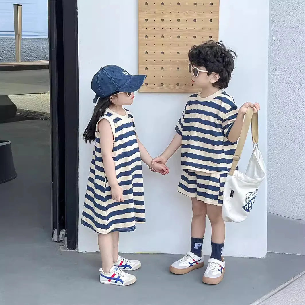 Summer New Sister And Brother Set Girls Striped Sleeveless Dress Fashion Boys Short Sleeve Two Piece Set