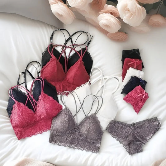 Women Lace Sexy Lingerie Set Push Up Bra Low-Rise Panties Underwear Set Sexy Wireless Bralette Comfort Breathable Brief Set
