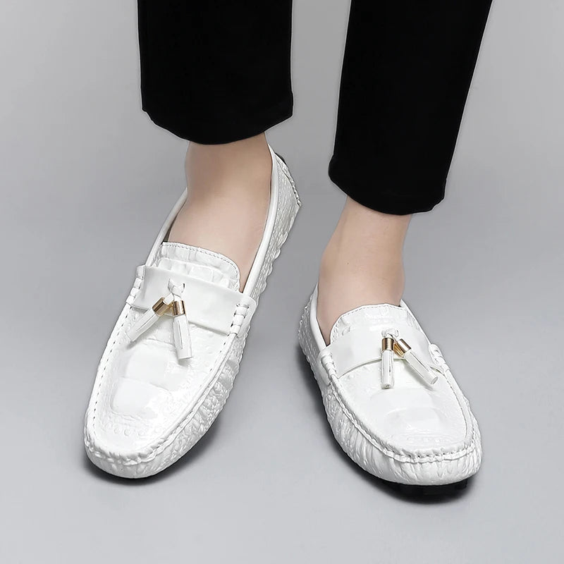 2025 New Style Handmade Tassel Loafers for Men, Breathable Trendy Light Luxury Crocodile Pattern Slip-On Casual Loafers, Unisex Driving Shoes