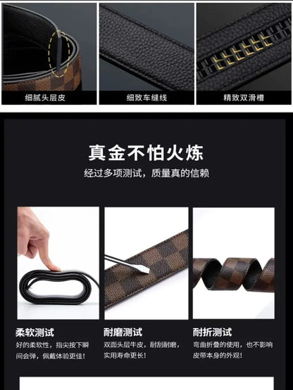 Check Pattern Leather Belt Automatic Buckle Young Fashion Casual Belt Trendy Ins Top Grain Cowhide High End Business