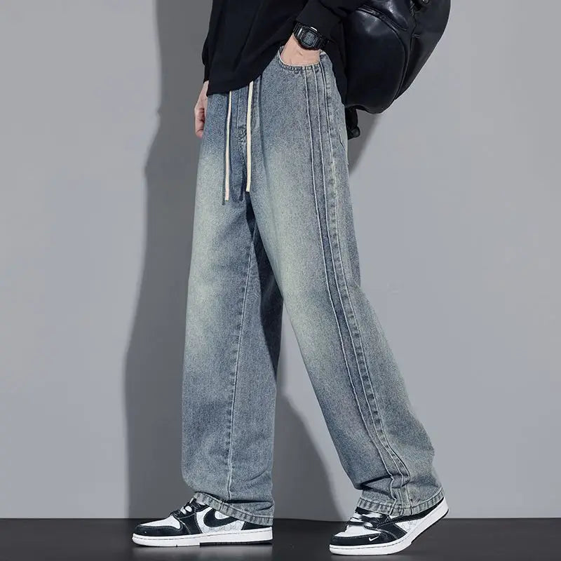 Elastic Loose Straight Jeans Men's Wide Legged Denim Pants Casual Trousers Korean Style Sportswear Clothing Jeans Men Pants