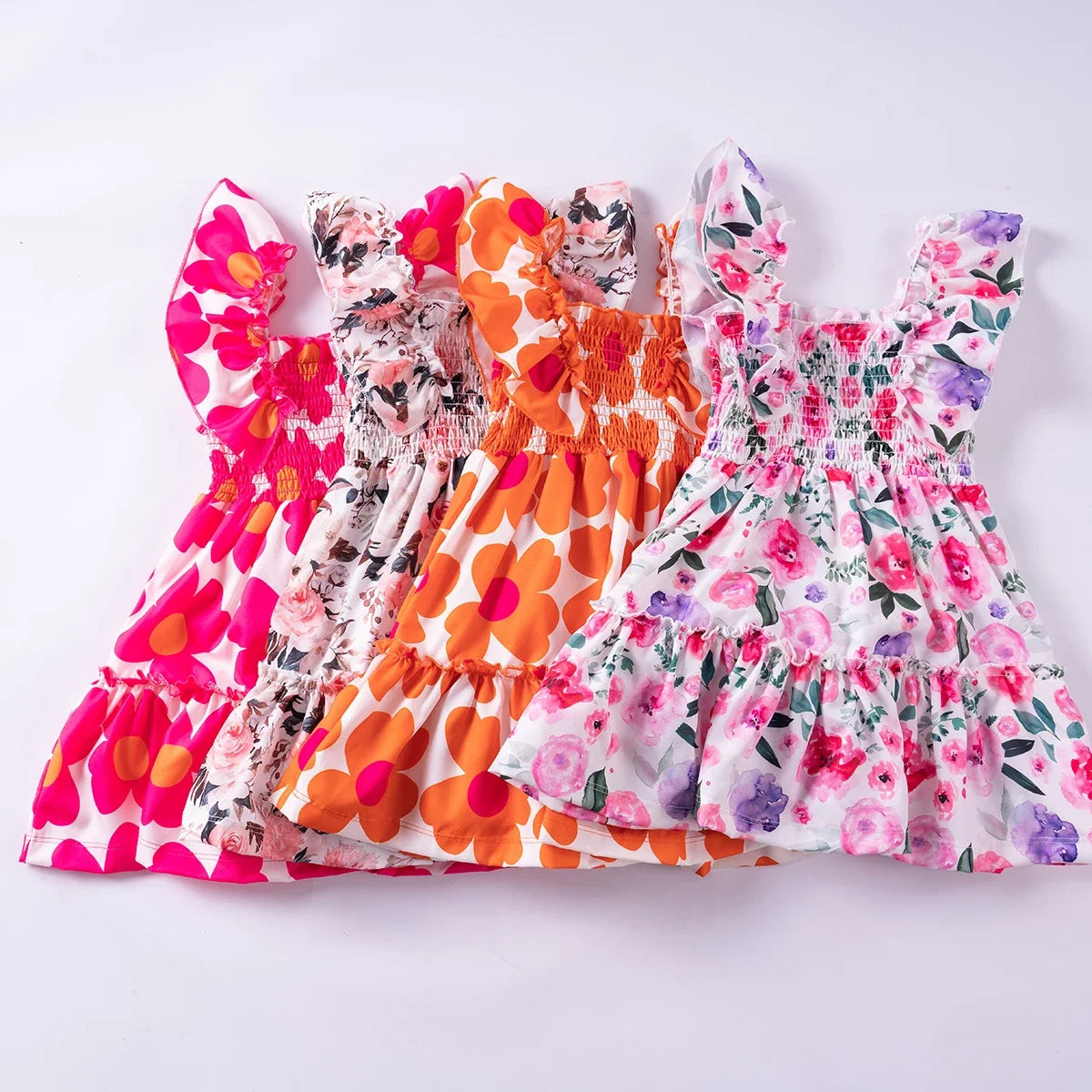 Summer Girls New Flying Sleeve Dress Floral Print Skirt Fashionable Versatile Square Neck Dress