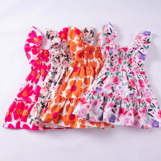 Summer Girls New Flying Sleeve Dress Floral Print Skirt Fashionable Versatile Square Neck Dress